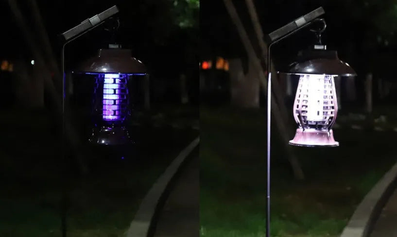 Black solar powered electronic mosquito lamp with solar panel and LED lights for garden pest control