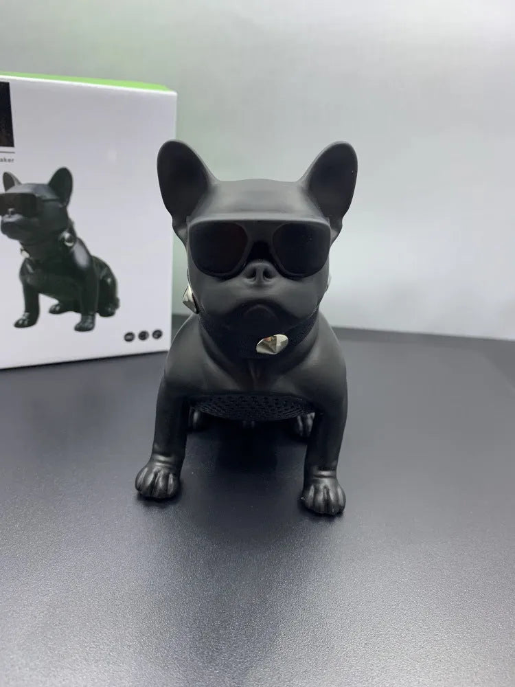 Mini bulldog-shaped Bluetooth speaker in black, red, or white colour with wireless audio connectivity