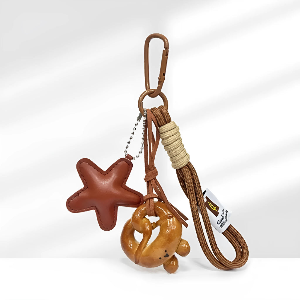 Handmade soda bread handbag pendant with brown strap in cartoon food design