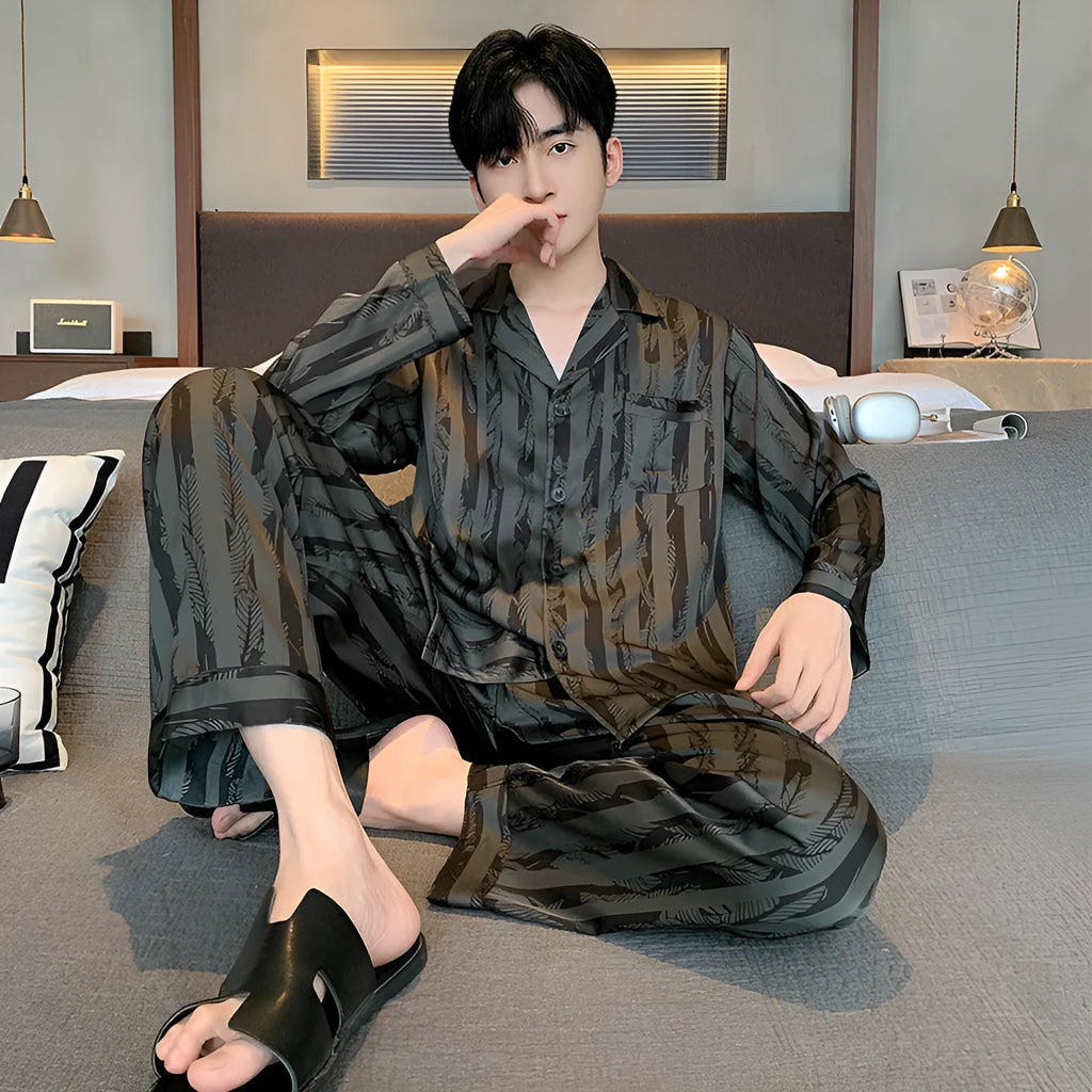 Ice Silk men's pajamas V-neck long sleeve two-piece set in Black Stripes on a model