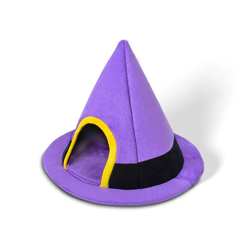 Purple witch hat shaped cat bed for Halloween, dimensions 60cm by 45cm.