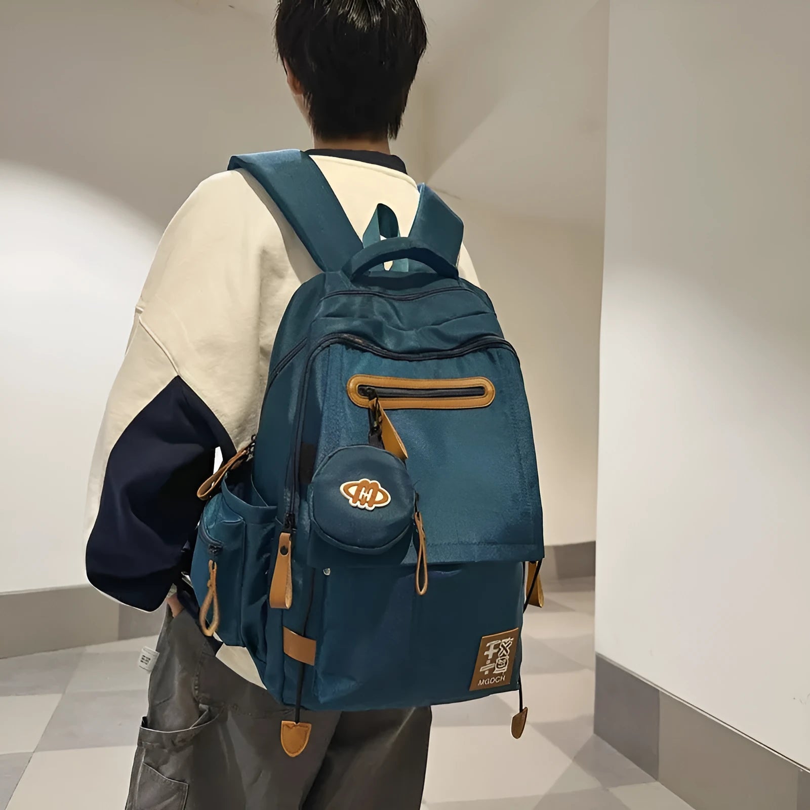 New large-capacity nylon school backpack for middle school students in solid colour with curved shoulder strap