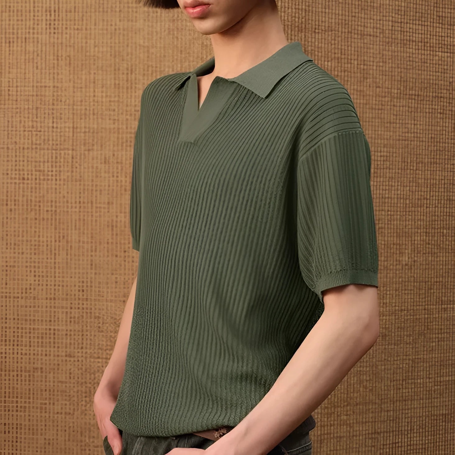 Men's creamy-white loose fit polo shirt with short sleeves and business collar for summer wear.