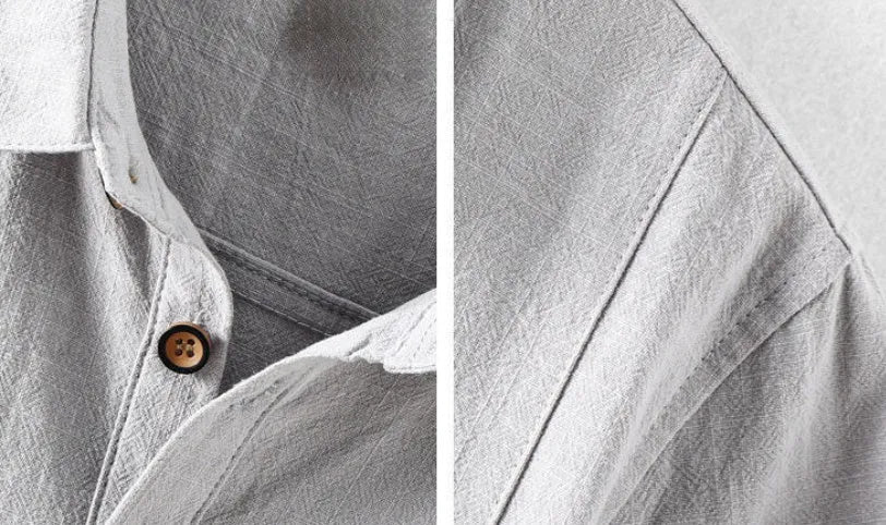 Men's loose fit cotton linen casual shirt in beige, shown on a hanger