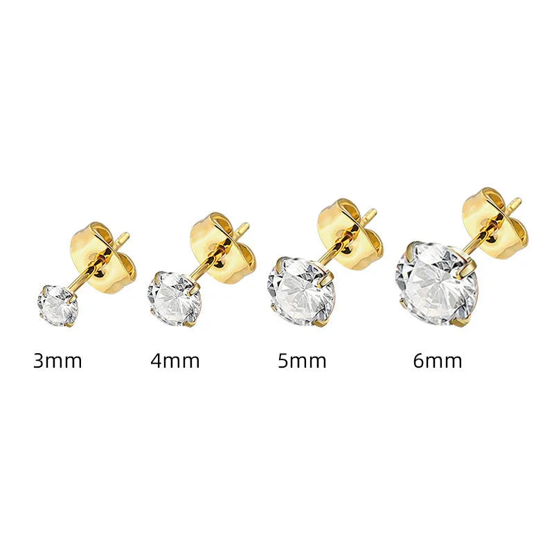 Square geometric stainless steel stud earrings with round zircon stone in gold or steel colour on a white background.