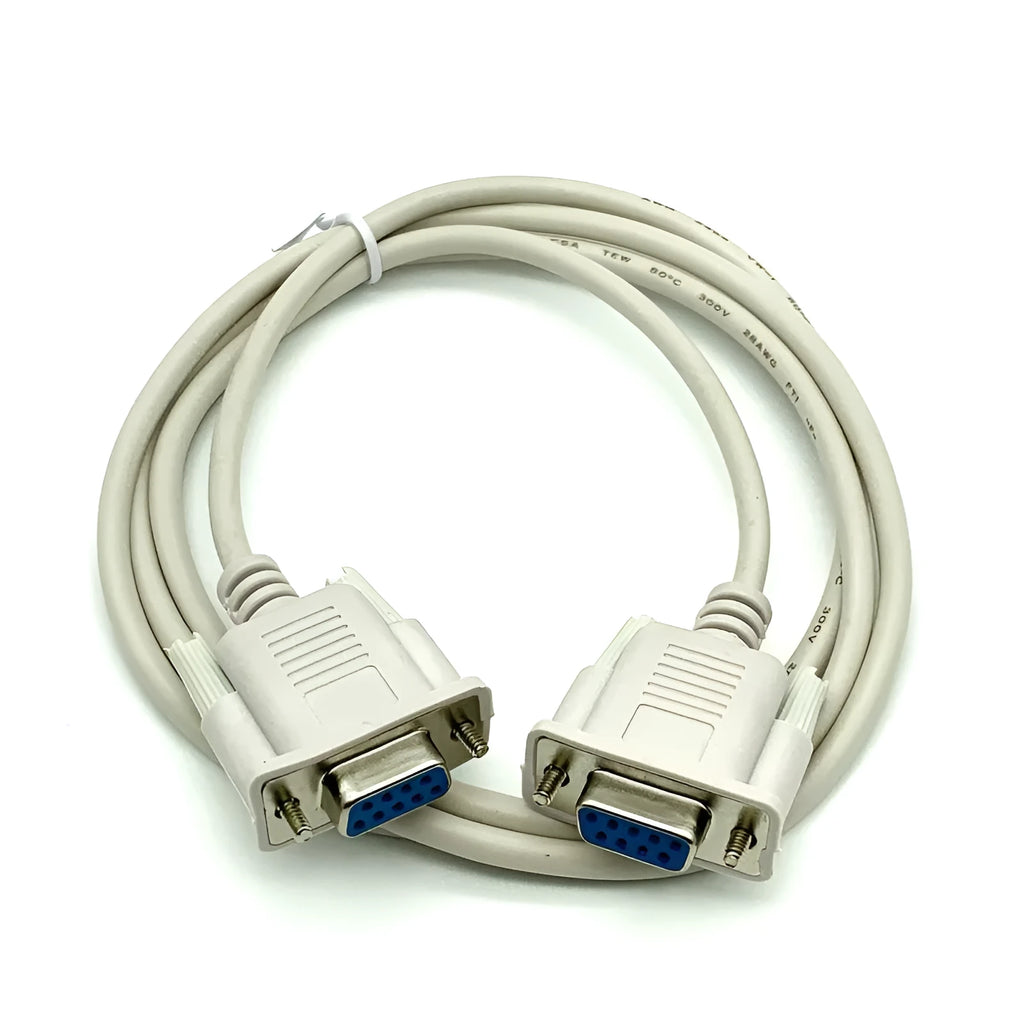Milky white DB9 female to female RS232 serial port cable with cross wiring, 1.5 metres long.