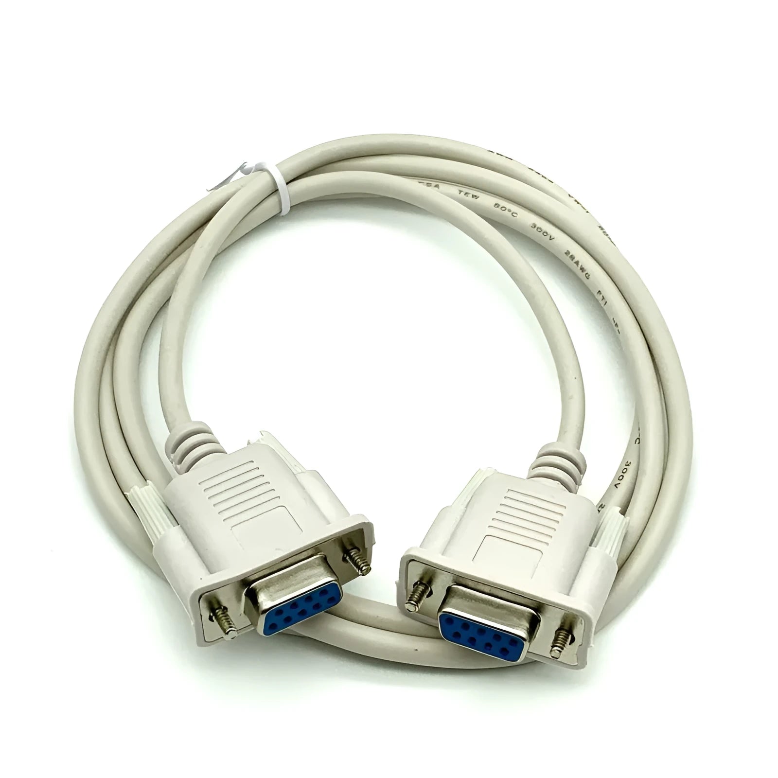 Milky white DB9 female to female RS232 serial port cable with cross wiring, 1.5 metres long.
