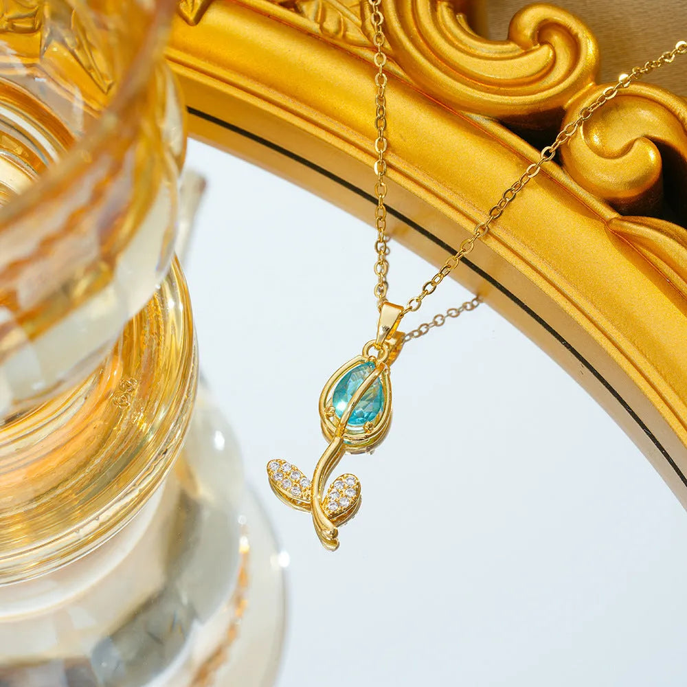 Zircon tulip necklace for women with adjustable chain in gold colour options
