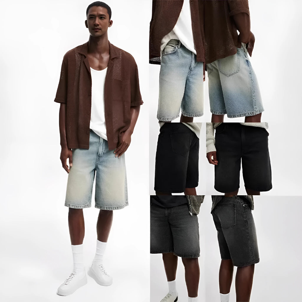 Men's loose straight leg jeans in light blue, black, and grey colour options