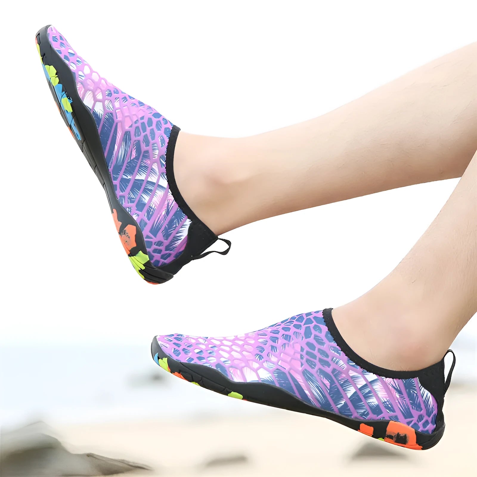 Beach wading shoes with elastic Lycra uppers and EVA foam soles for swimming and water sports