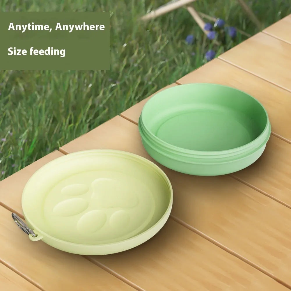 Collapsible portable silicone dog bowl shown in open and flat positions, available in green and pink colours.