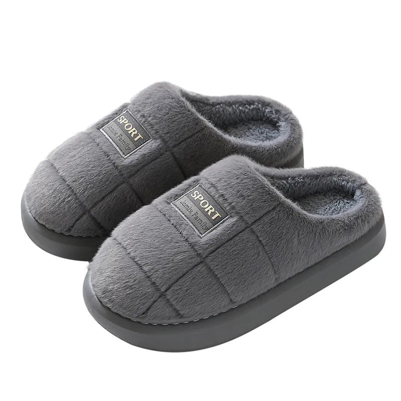 Men's plaid pattern rabbit hair slippers with artificial wool lining and thick EVA sole.
