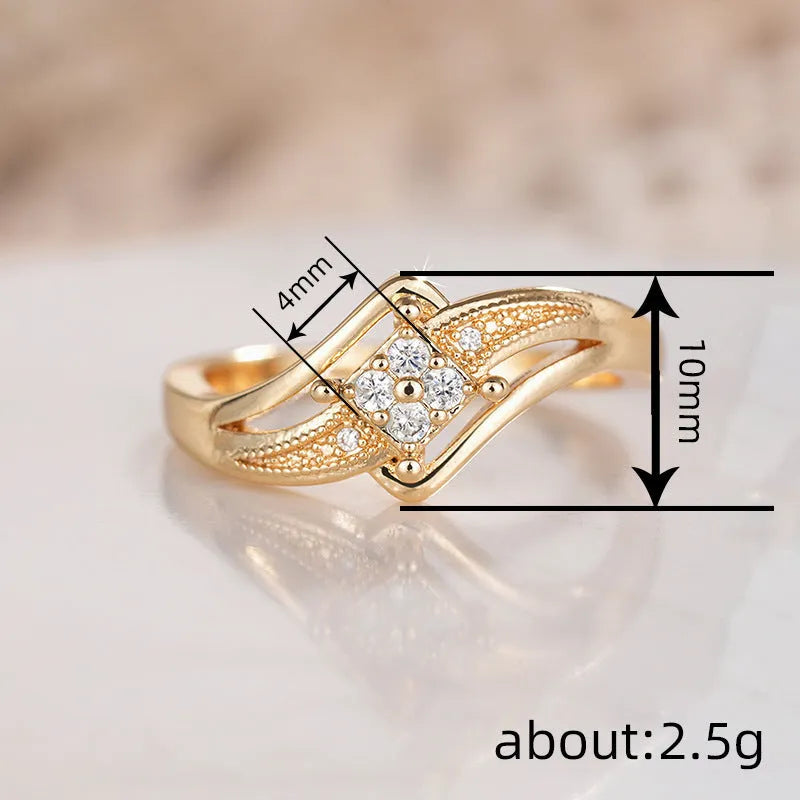 Women's copper ring with micro inlaid zircon stones, yellow gold colour, geometric diamond shape