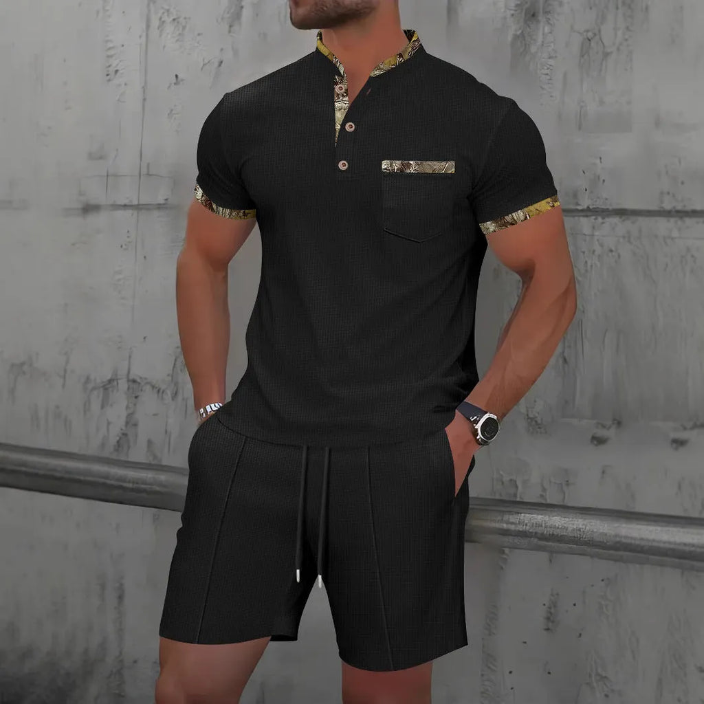 Men's grey cotton blend short sleeve suit with polo collar and matching shorts