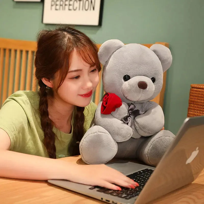 Plush teddy bear doll pillow in beige, brown or grey with soft short plush material and PP cotton filling
