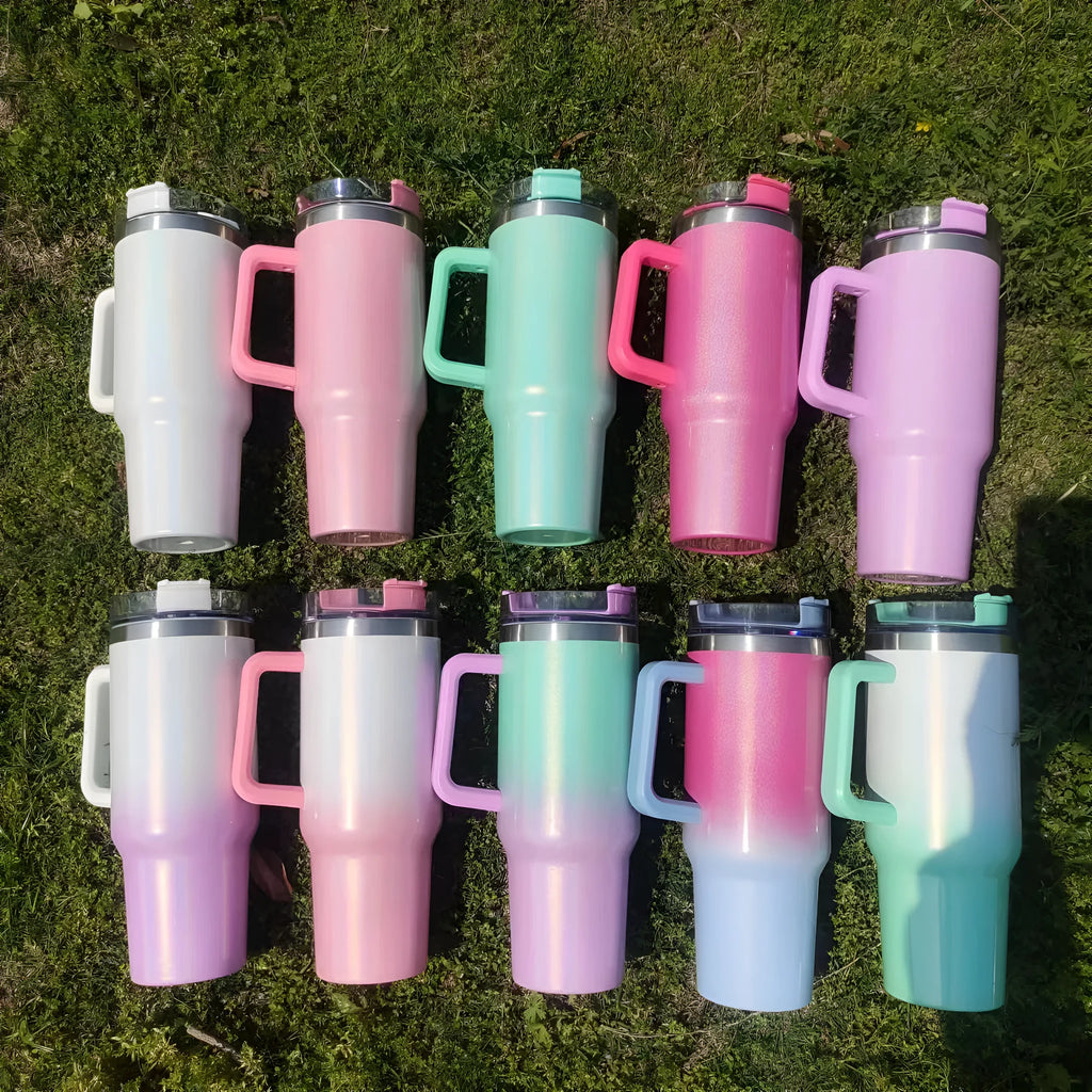 Large stainless steel vacuum insulation cup with rainbow colour finish showing 27.5cm height