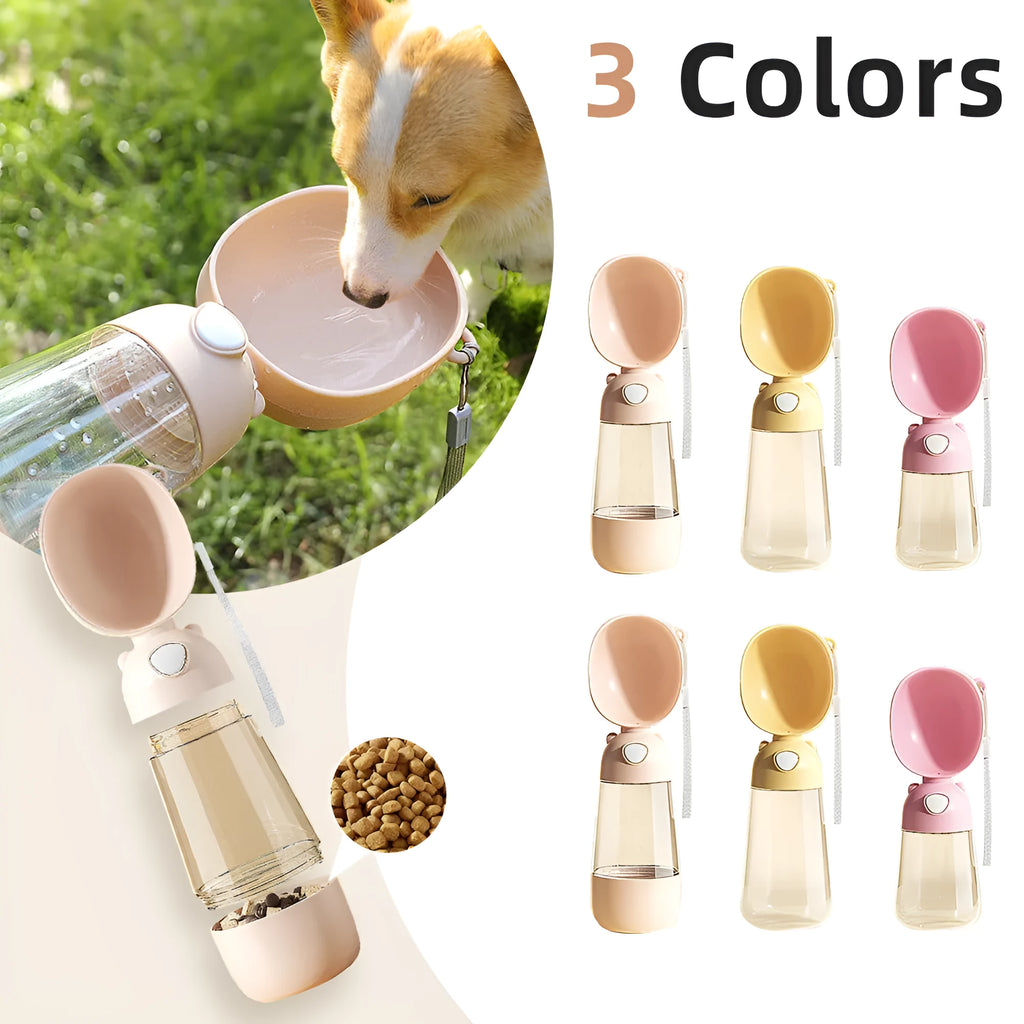 Portable collapsible dog water bottle with food container in brown pink yellow colours for outdoor pet travel