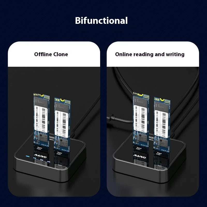 MAIWO K3016 M.2 SSD docking station for SATA and NVMe drives with data cables and power adapter.
