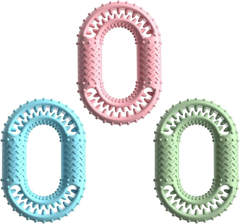 Blue green pink O-ring dog chew toy for aggressive chewers, 12.5cm diameter heavy-duty dental toy