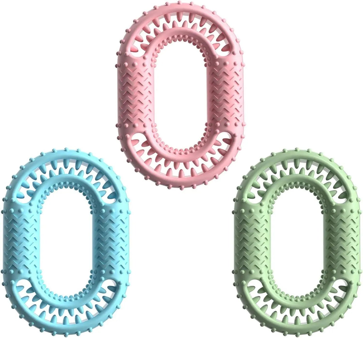 Blue green pink O-ring dog chew toy for aggressive chewers, 12.5cm diameter heavy-duty dental toy