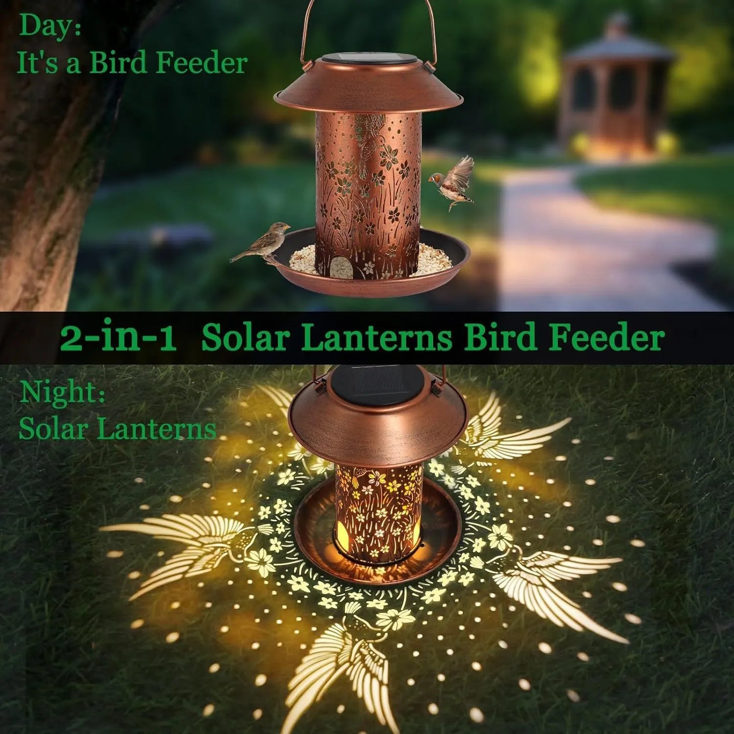 Cast iron solar bird feeder with hummingbird pattern and integrated LED lighting for outdoor garden use