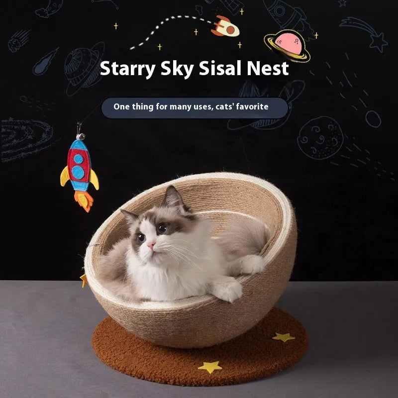 Large integrated cat scratching basin nest with sisal rope scratching surface and flannel fabric nest area