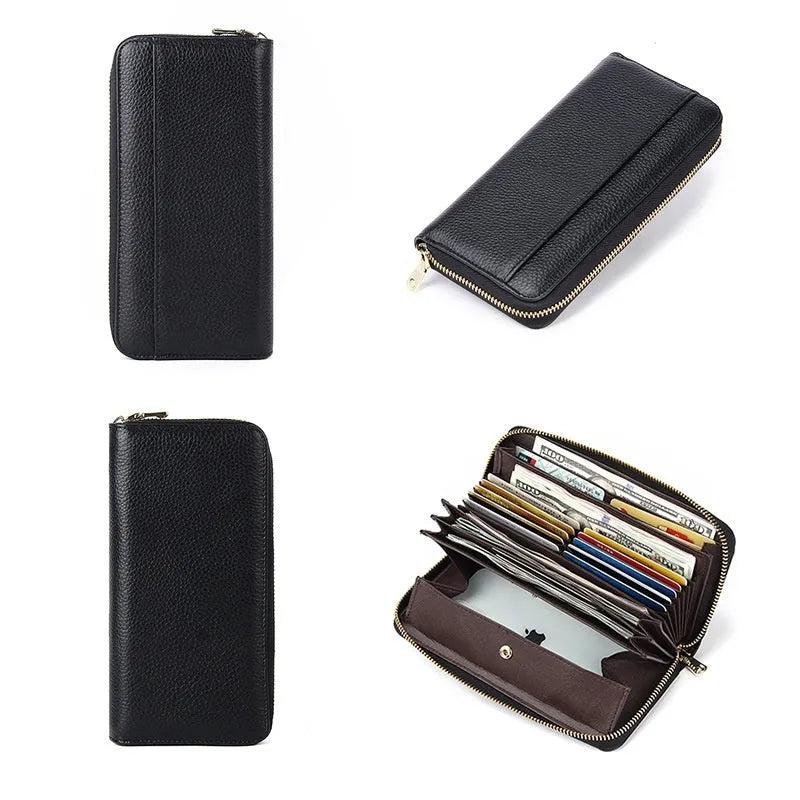 Long women's genuine leather wallet in solid colour with anti-theft card swiping feature and large storage capacity