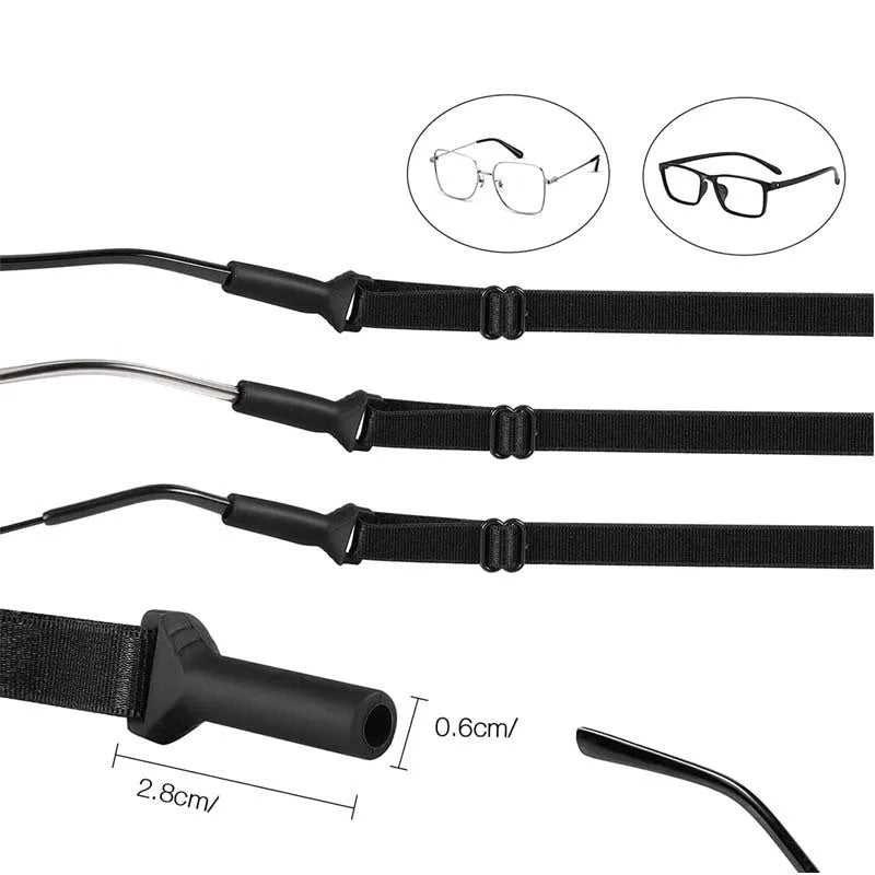 Black adjustable glasses cord with silicone ends for securing spectacles against loss.