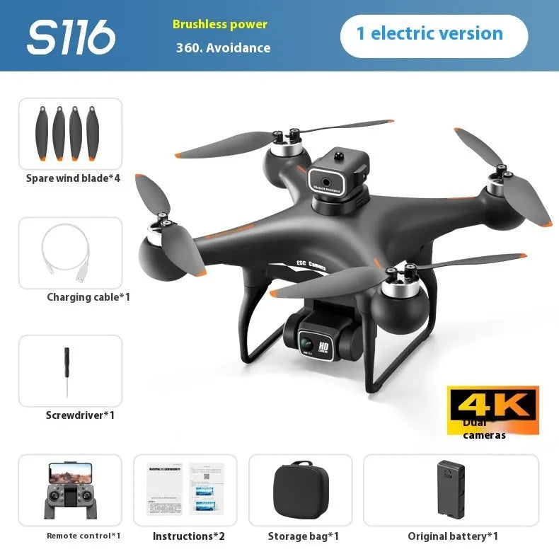 S116 black brushless UAV drone with obstacle avoidance sensors and HD camera