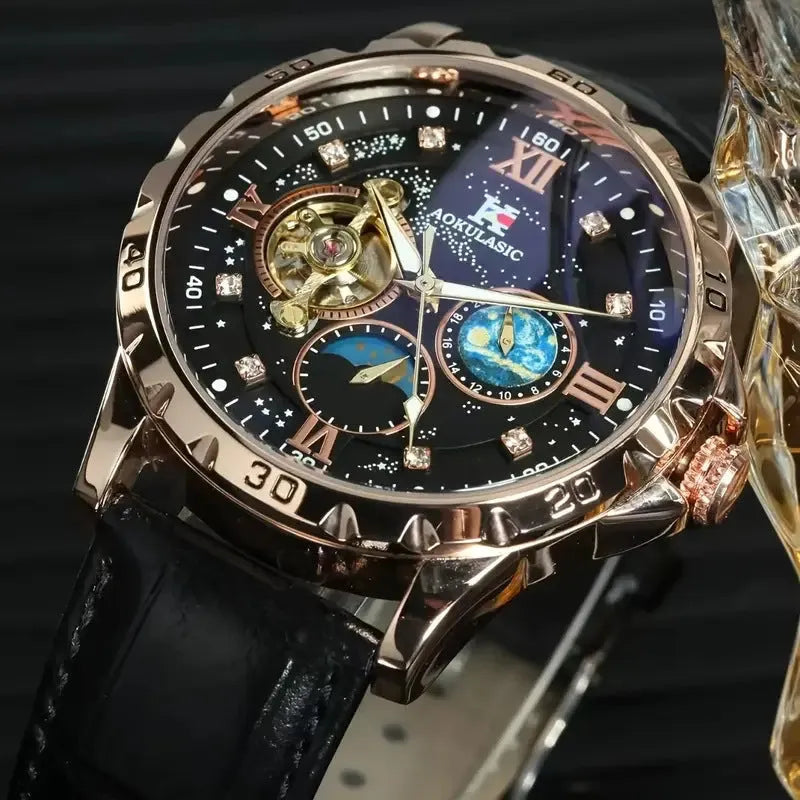 Men's automatic mechanical watch with hollow skeleton dial, black leather strap, rose gold case