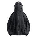 Black men's retro zip hooded cotton coat with abstract pattern, shown loose fit.