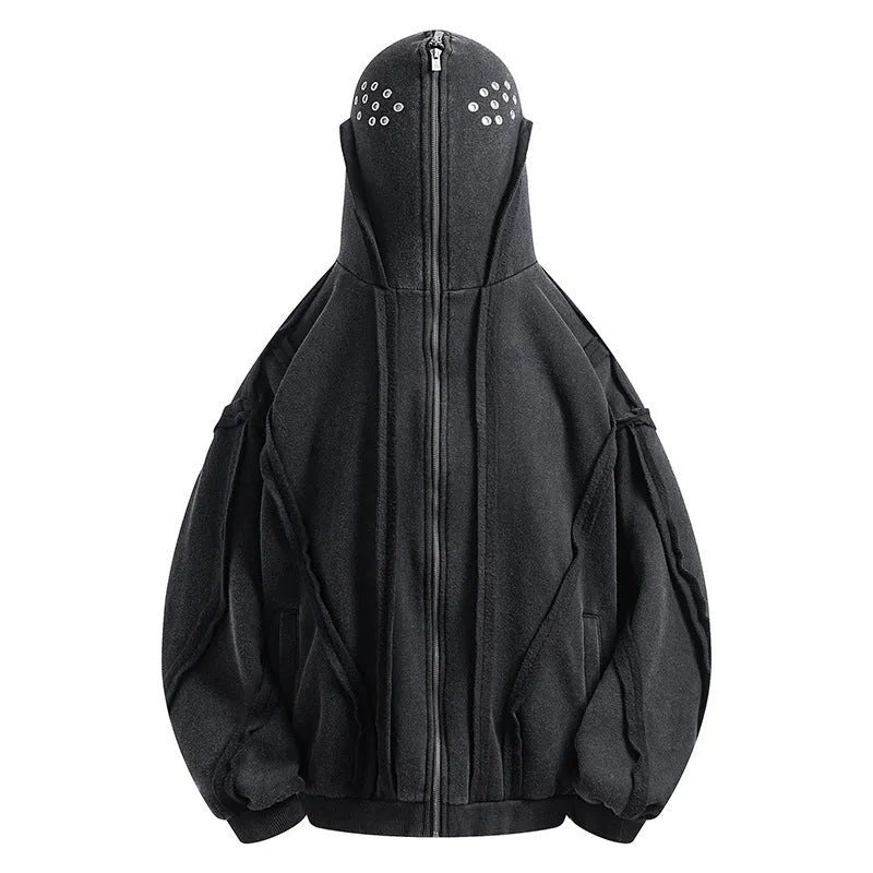 Black men's retro zip hooded cotton coat with abstract pattern, shown loose fit.