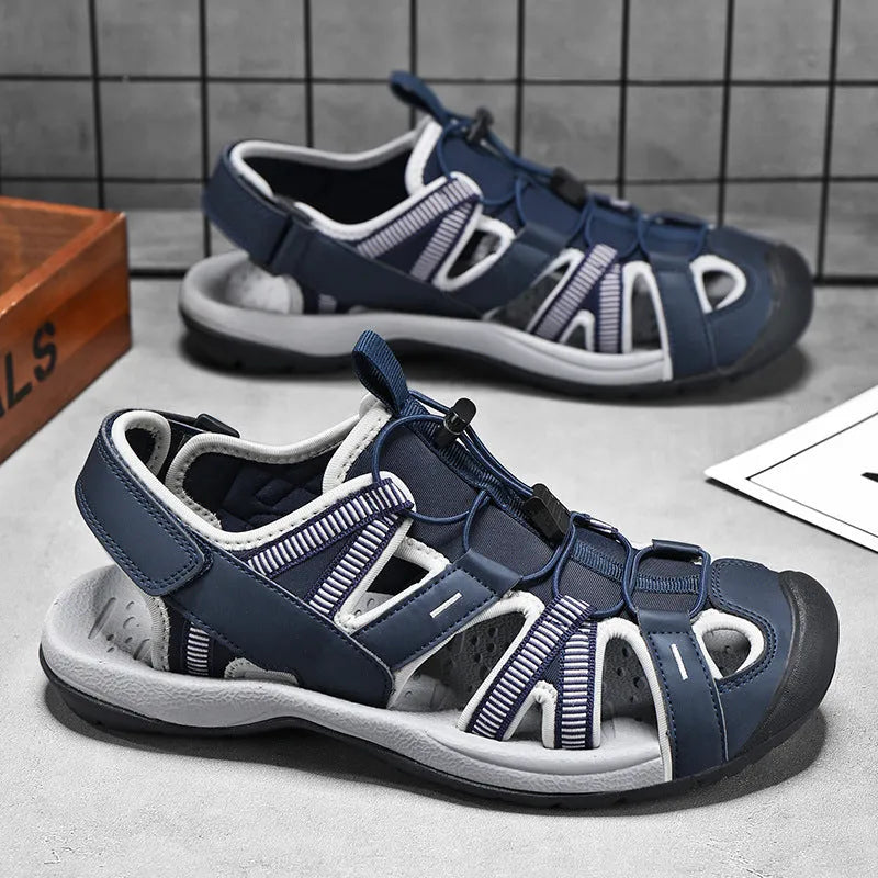 Men's outdoor casual sports shoes with breathable mesh upper, rubber sole, and Velcro fastening in LX01 Blue