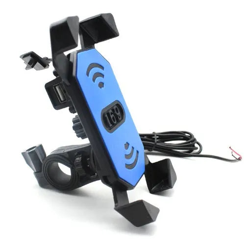 Black ABS motorcycle phone holder with USB charging cable mounted on handlebar