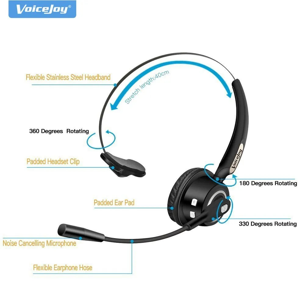 Bluetooth headset with microphone for truck drivers and office use featuring noise cancellation