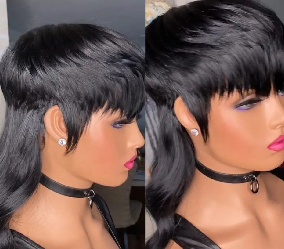 Bangs black front short back long Brazilian wig in T7262 Black on a mannequin head