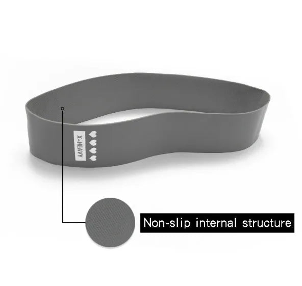 Four colour-coded resistance bands in purple, pink, blue, and grey with non-slip inner lines laid flat on a surface