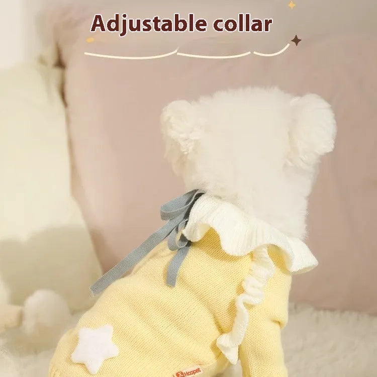 Autumn pet puppy sweater in acrylic knit with fairy dress style on small dog