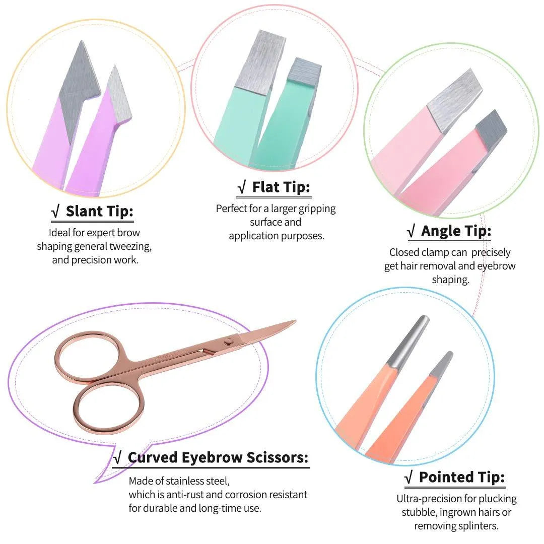 Professional six-piece eyebrow tweezer set with stainless steel tools and leather travel case