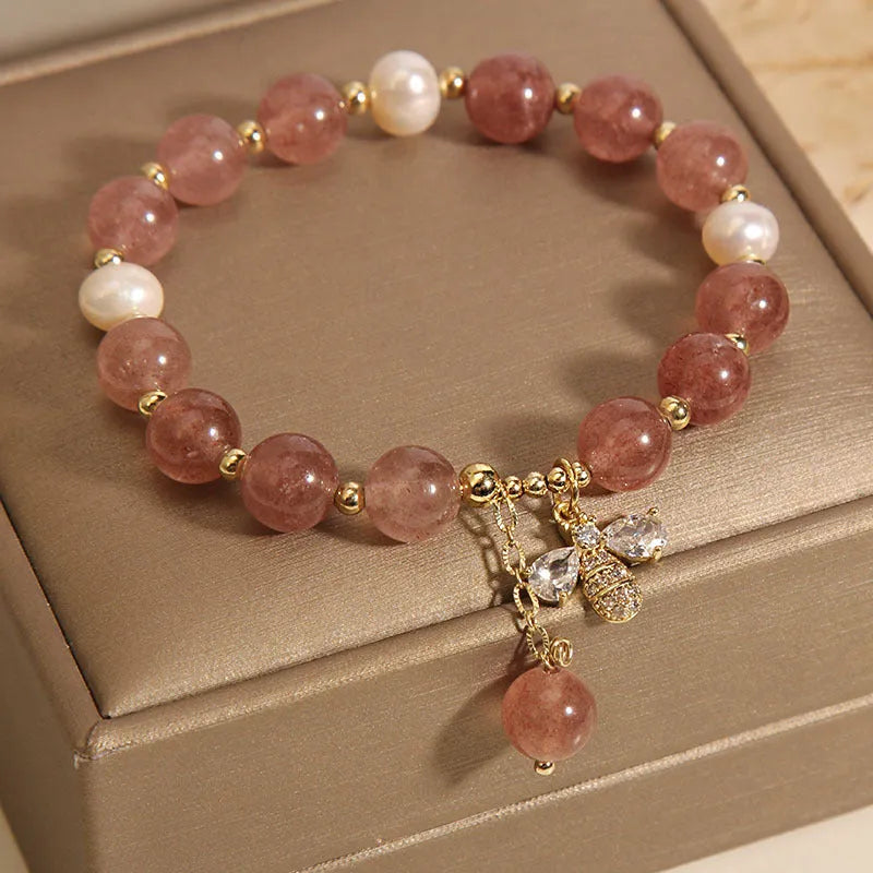 Women's strawberry quartz and freshwater pearl bracelet with bee charm and zircon accents