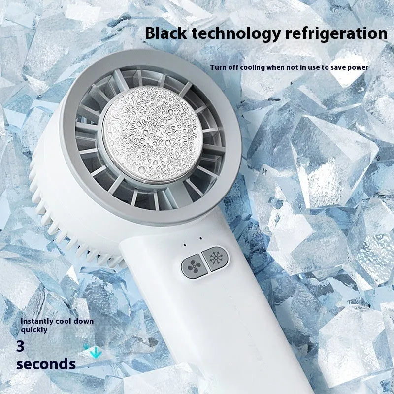 Mini handheld turbo jet fan in white with brushless motor, 3600mAh battery, and ice-cool function