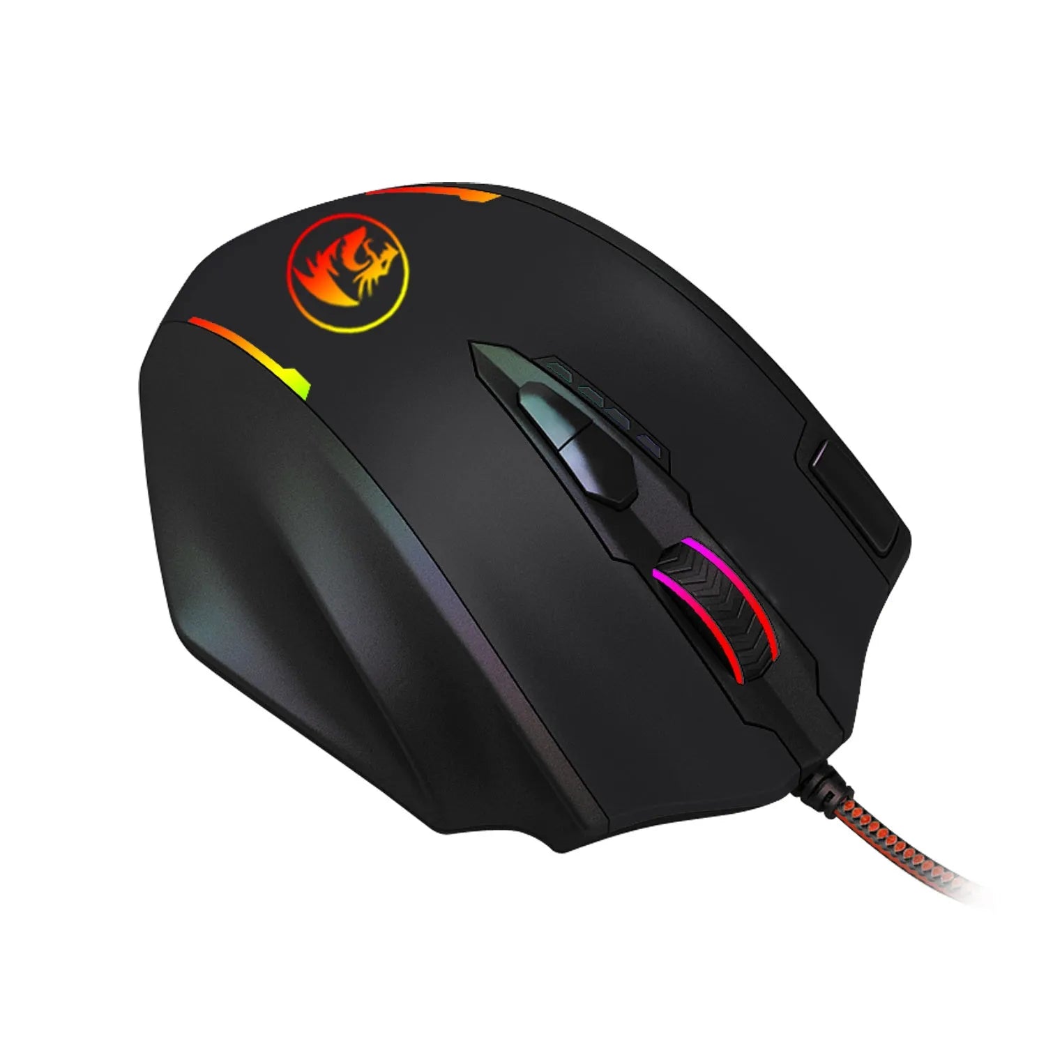 Redragon M908 One-Hander Macro Defines gaming mouse in black with ergonomic contoured shape and anti-sweat leather material