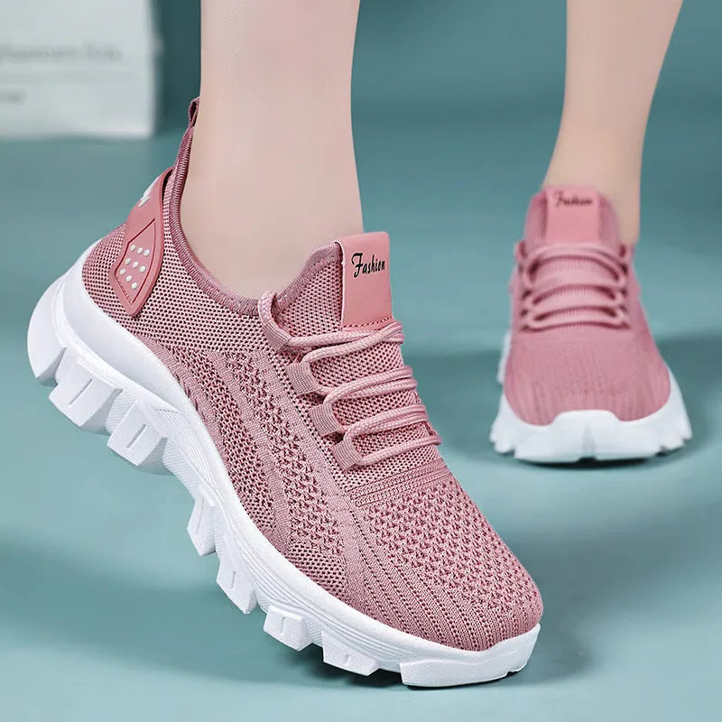 Women's Flyknit sneakers with thick PVC sole in white, pink, beige, or black colours