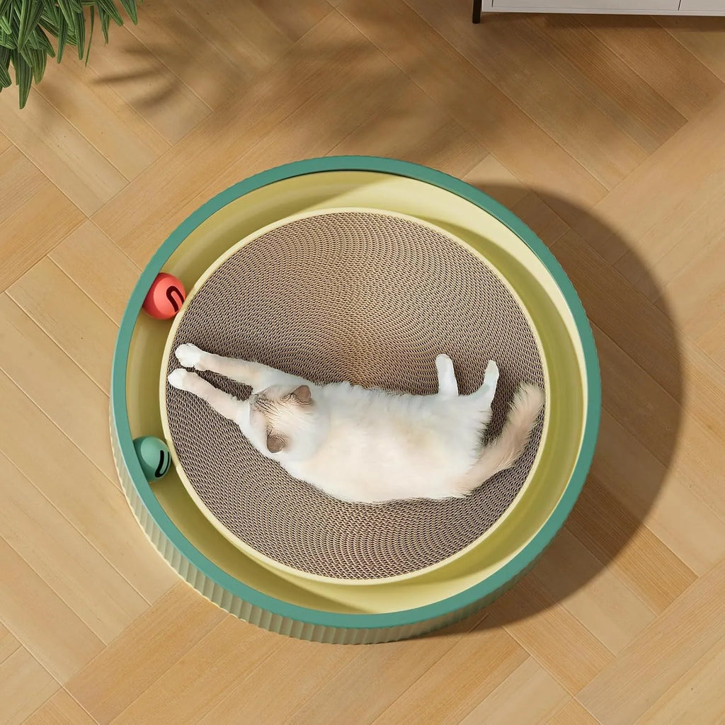 Large green cat scratching board with ball toys and replaceable cardboard core