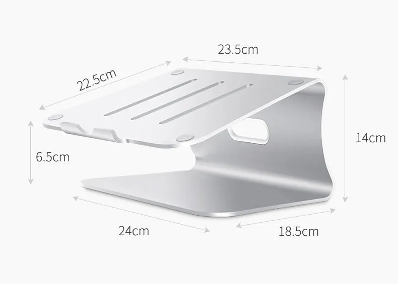 Aluminium laptop cooling bracket with rotary adjustment in silver or grey