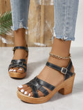 Plus size Roman peep toe chunky heel sandals with ankle buckle in black, brown, white options on display