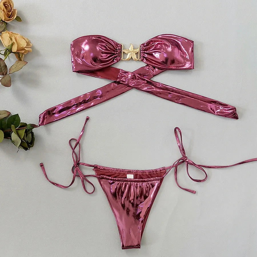 Women's glossy tube top bikini with gold starfish detail in sapphire blue colour