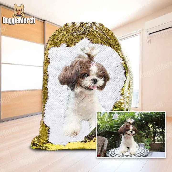 Custom purple glitter backpack with a printed dog photo and drawstring opening