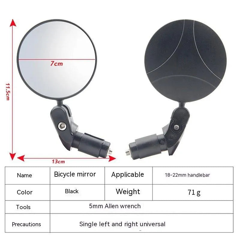 Black foldable convex rearview mirror showing 7cm reflector and 14cm adjustable mounting bracket