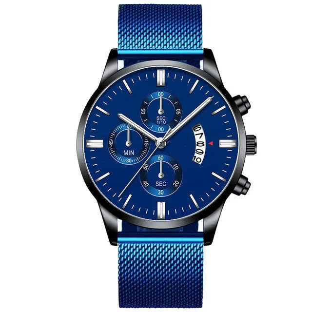Men's stainless steel mesh band quartz watch with analog display and 4.2cm case.